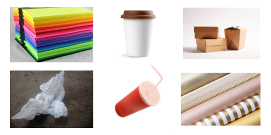 Non recyclable items, including neon paper, glitter wrapping paper, a facial tissue, and paper cups